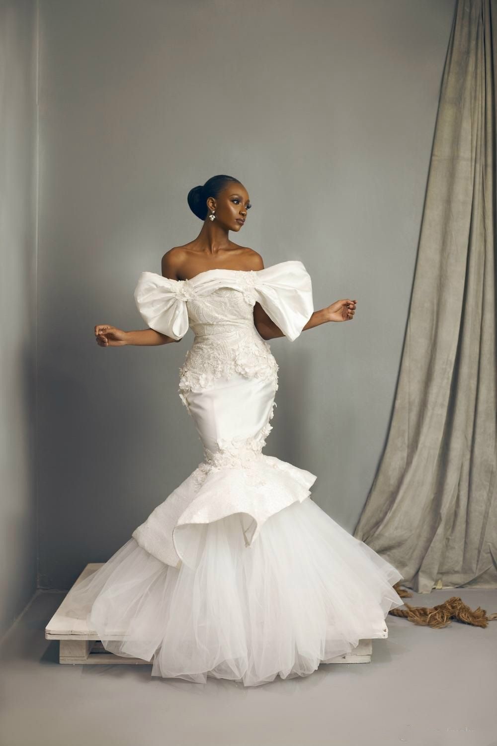 Size African Plus Mermaid Wedding Sexy Off Shoulder D wer Applique Bride Dresses Tiered Ruffles Sweep Train Bridal Gown resses