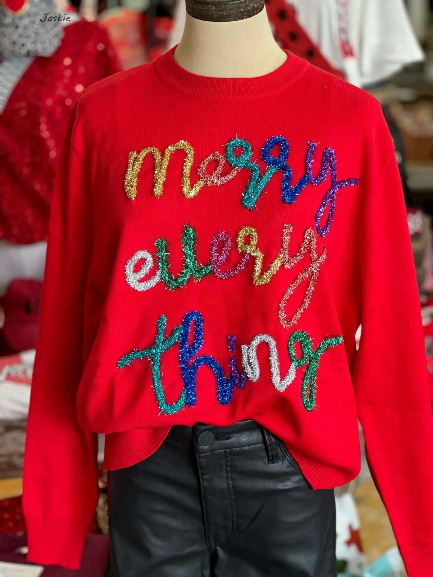 Womens Autumn And Winter Sweaters Thanksgiving Christmas Ribbon Embroidery Round Neck Loose Knit Women Sweater 240731