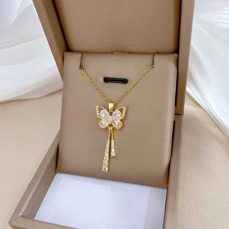 Classic Charming Romantic White Tassel Butterfly Necklace Fashionable Micro-inlaid Temperament Versatile Stainless Steel Gift W250616