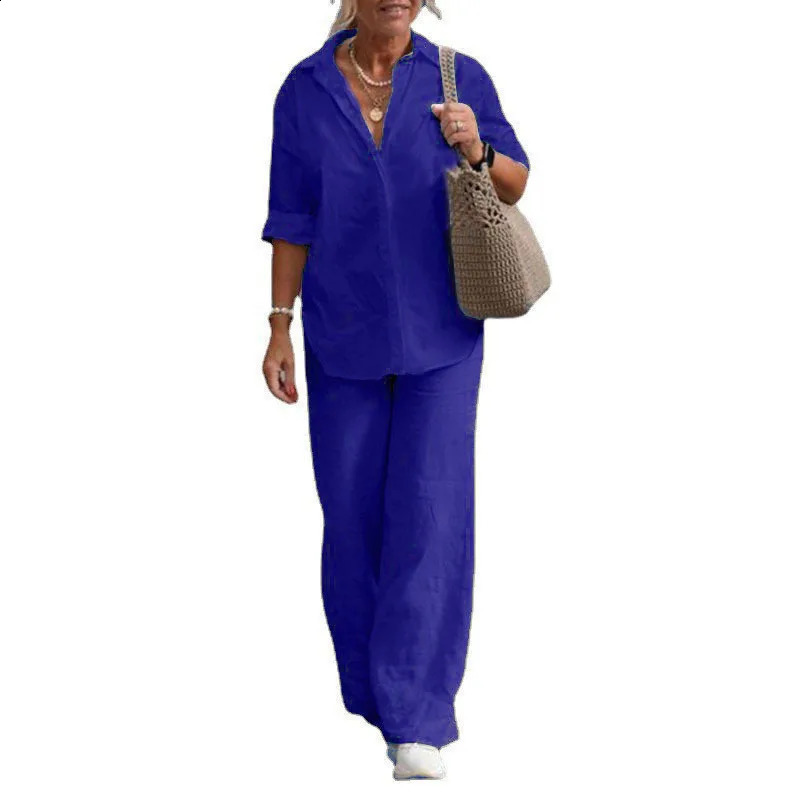 Womens Suit Plus Size Casual Linen Lapel Long-sleeved Shirt Suit Summer Solid Color Trousers Wide-leg Pants Two-piece Set 240730