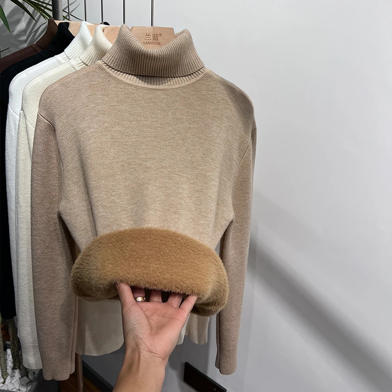 Womens Turtleneck Sweater Winter Retro Red with Velvet Lining Thickened Inner Wear Thermal Knitting Bottoming Shirt 240730