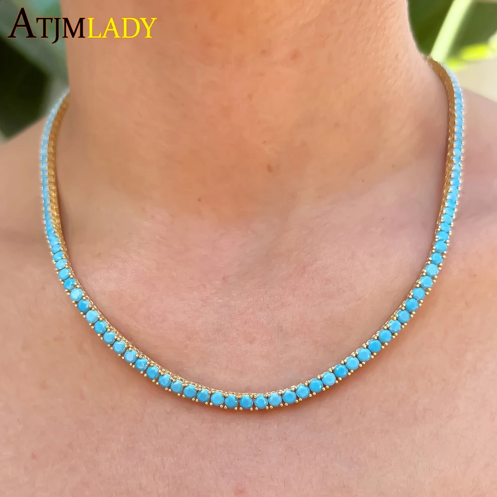 highquality gold galvanized M turquoise laid tennis chain necklace suitable for girls fashionable jewelry 240723