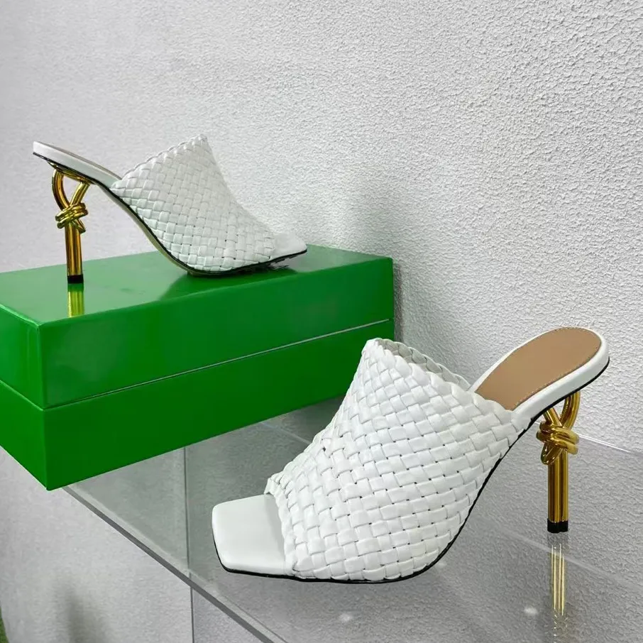 Summer Woven Mules slippers genuine leather casual irregular heels women luxurious designer sandals fashionable square toe caps slipper factory footwear with box