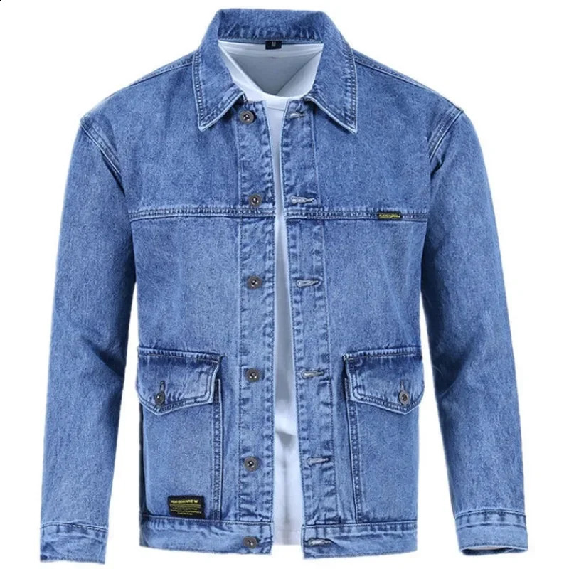 Male Jean Coats Blue Button Mens Denim Jacket Autumn Price Stylish in Y2k One Piece of Fabric Low Cost Cowgirl Size L 240816