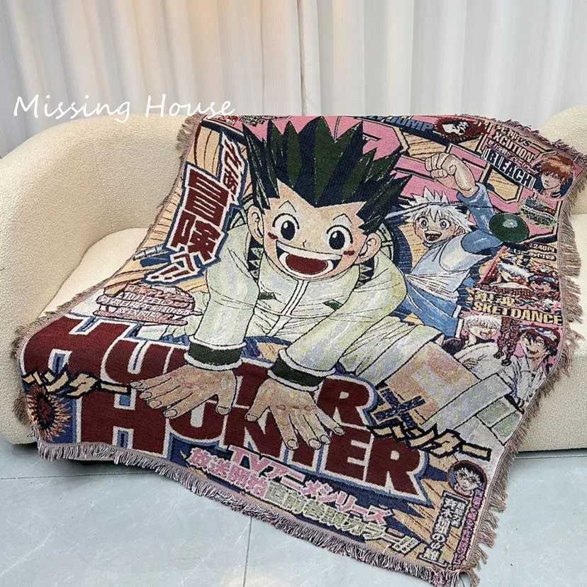 Anime Hunt Throw Woven Rug Blanket Tapestry Bedspread Outdoor Camp Beach Towels Sofa Chair Cover Mat Rug Tassel Y240730