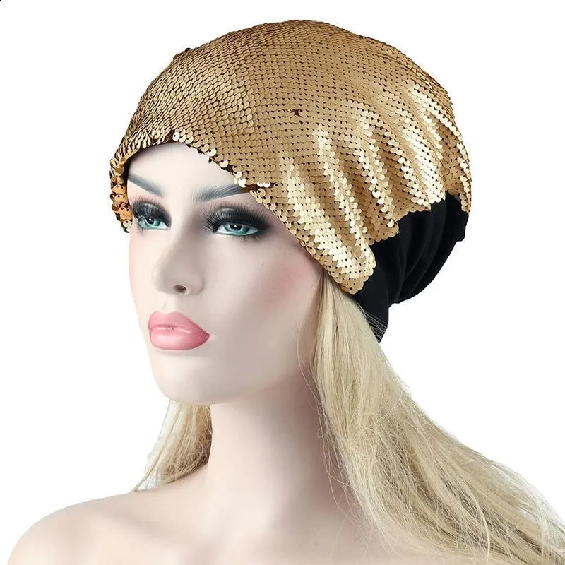 Women Knitted Paillette Bling Cap Casual Glossy Beanies Hat Hip-Hop Skullies Beanie Sequin Caps Soft Warm Slouch Hat240723