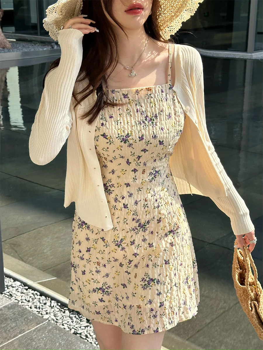 Yellow cardigan thin womens knitted sweater coat spring and autumn sweater with camisole skirt small outer top Y2K 240731