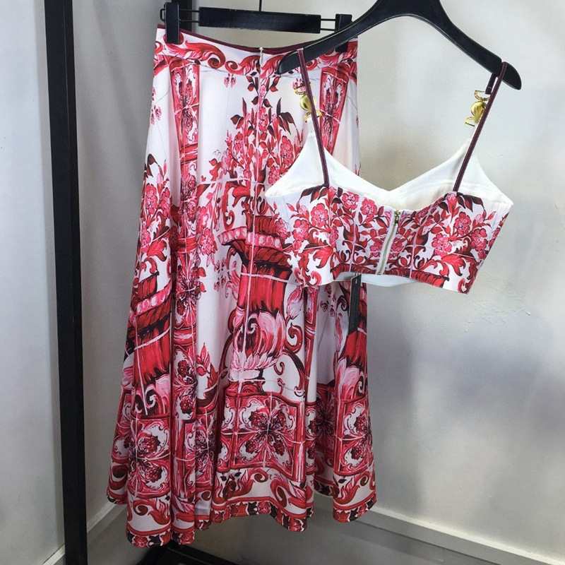 Banulin Bohemain Blue And White Porcelain 2 Pieces Set Women Spaghetti Strap Gold Button Tank Camis Tops Print Long Skirt Suit 240403