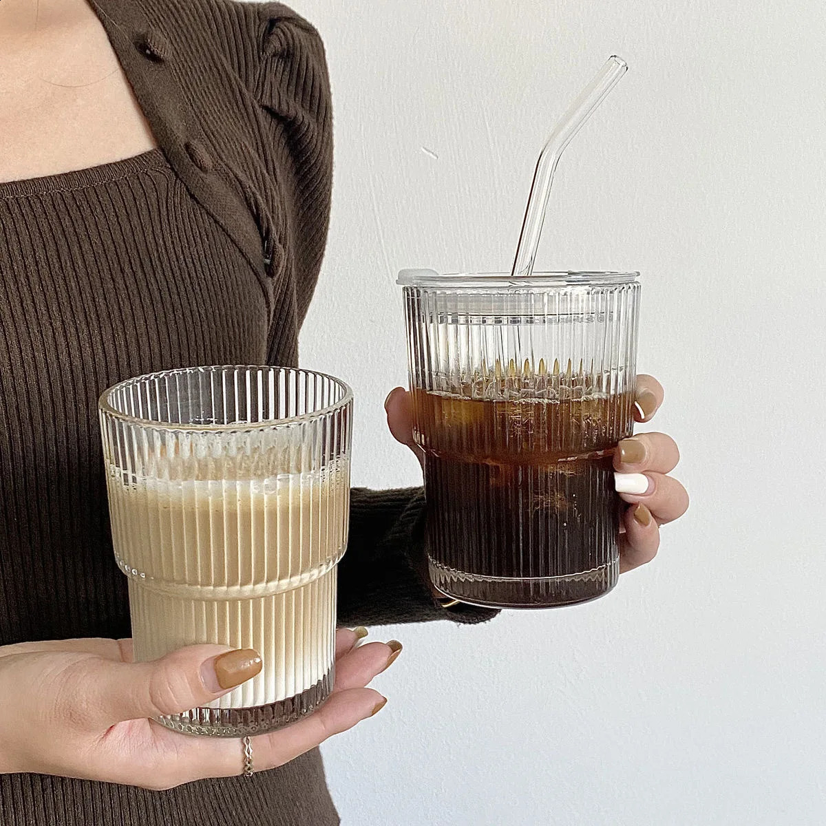 Vertical Stripes Ins Coffee Glass Lid Straw Water Cup Good-looking Ice American Latte Milk Cup Mugs Iced Coffee Cups 240730