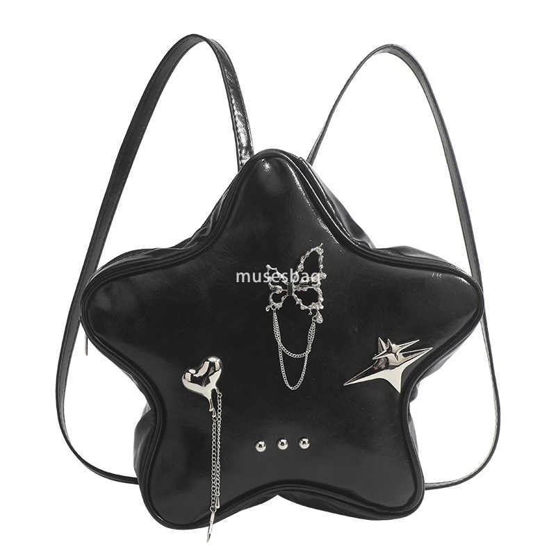 New five-pointed star metal butterfly love pendant Black chain backpack Black y2k Millennium bag women