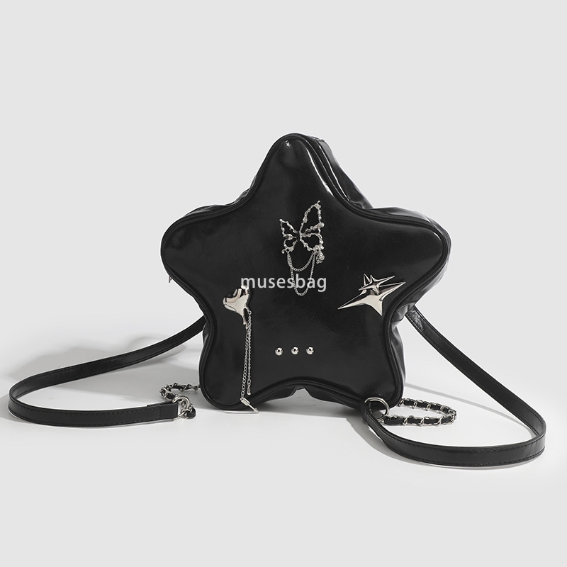 New five-pointed star metal butterfly love pendant Black chain backpack Black y2k Millennium bag women