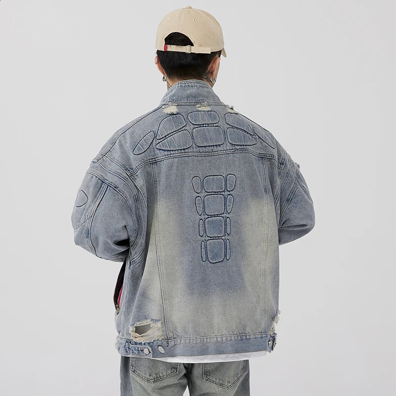 washed distressed denim jacket for men fashion trend label loose oversized American retro workwear casual hip-hop denim top 240816