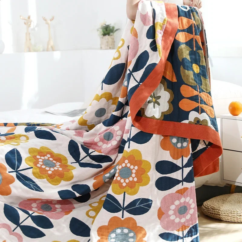 Japanese cotton blankets and throws gauze flowers sofa towel summer air conditioning blanket soft Leisure bedspread boho sheets 240731