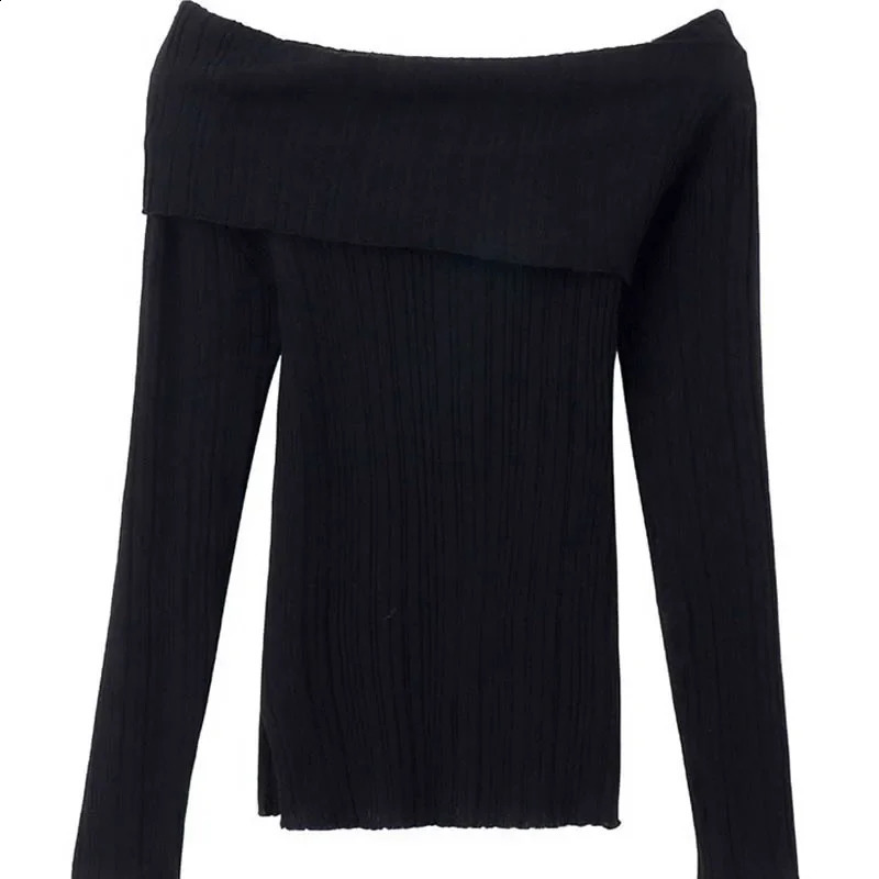 Womens Autumn Split Irregular Shoulder Black Long Sleeve Underwear Knitted Sweater 240812