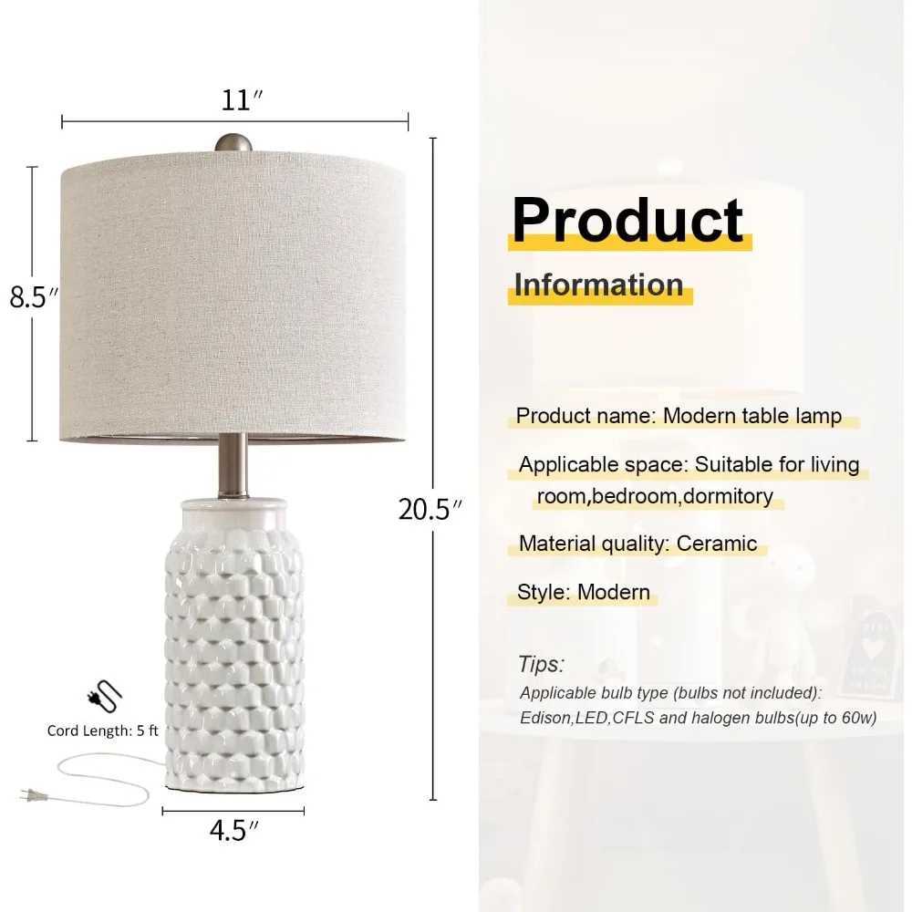 20.5 White Modern Ceramic Bedside Lamp Set of 2 for Bedroom Decor Farmhouse Table Lamp for Living Room Office Dorm B240904