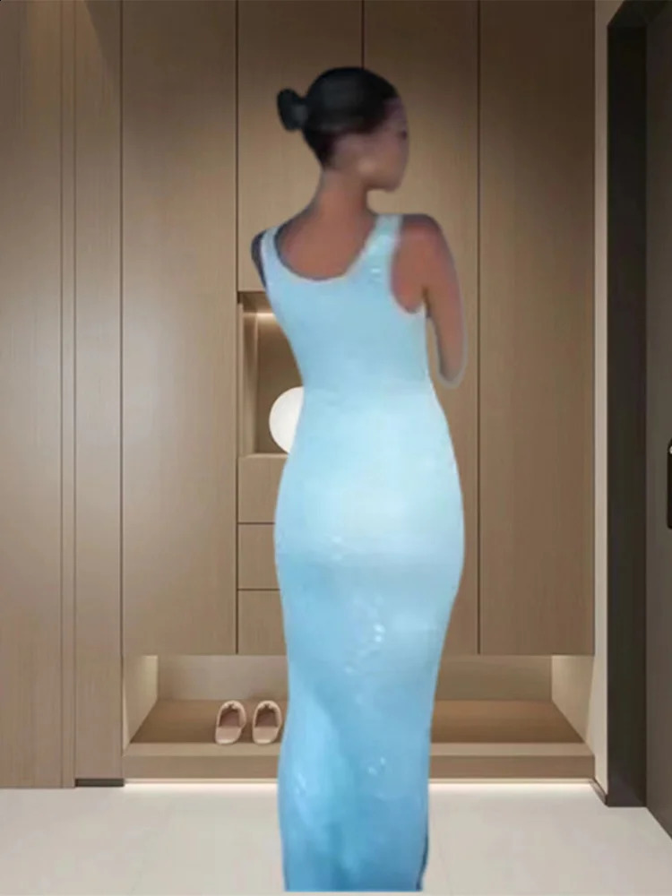 Sequin Slim Scoop Neck Maxi Dress Women Glitter See-Through Sleeveless Sexy Patchwork Summer Bodycon Long Dresses Female Party 240731
