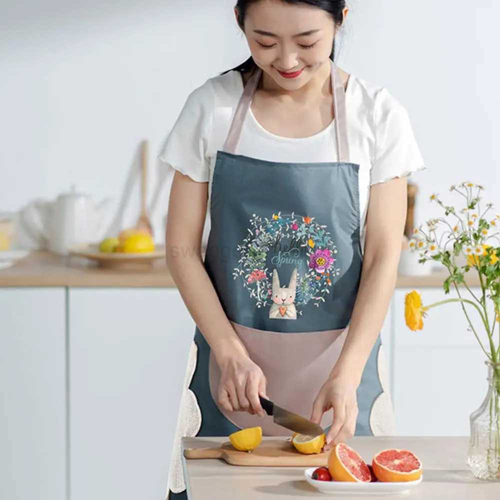Waterproof Oil-proof Apron Womens Hand Wipe Household Kitchen Wreath Rabbit Waist WholesaleXJ240731
