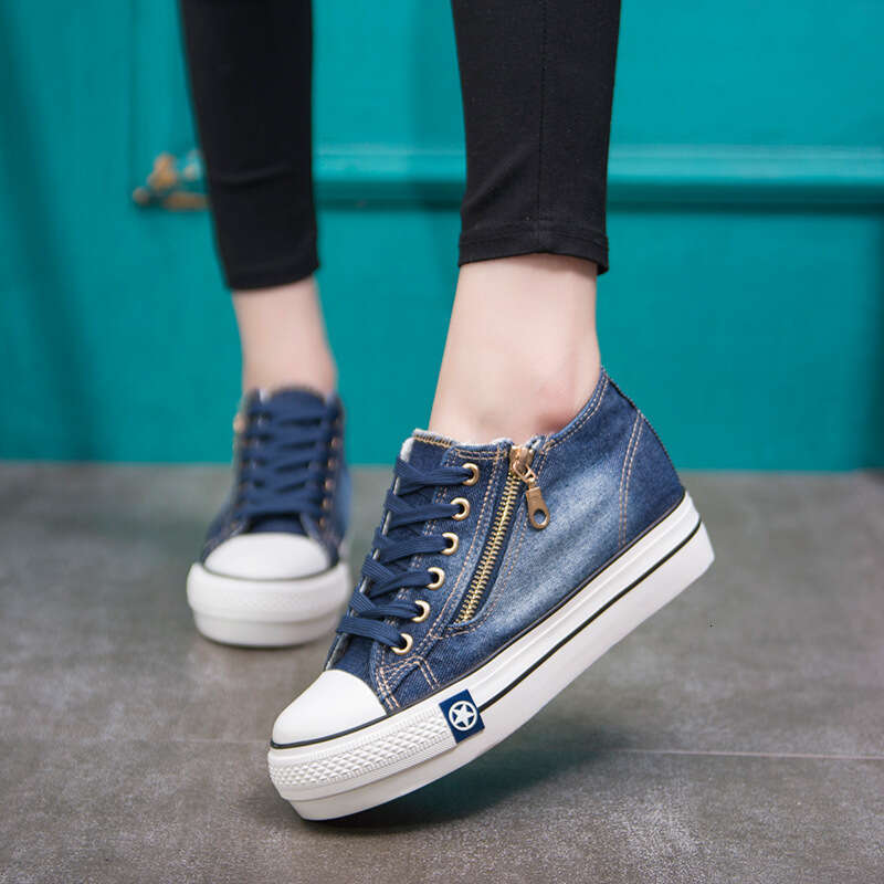 2024 6cm Elevator Women Thick Soled Denim Canvas Shoes Casual Board Shoes