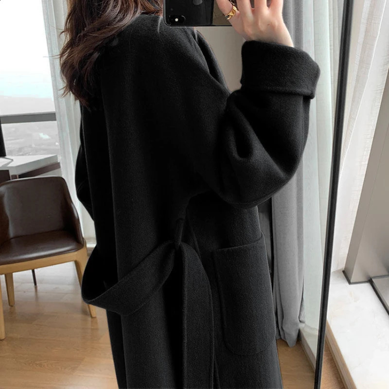 Autumn Winter Women Woolen Cloth Coat Warm Long Length Double Breasted Navy Blue Female Elegant Outerwear Loose Belt Overcoat 240729