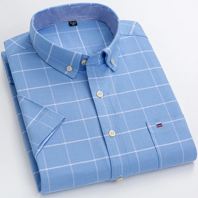 Plus Size Mens Summer Shirts Oxford Vertical Stripes Short Sleeve Standard-fit Loose Plaid Solid Soft Cotton Man Shirt 240818