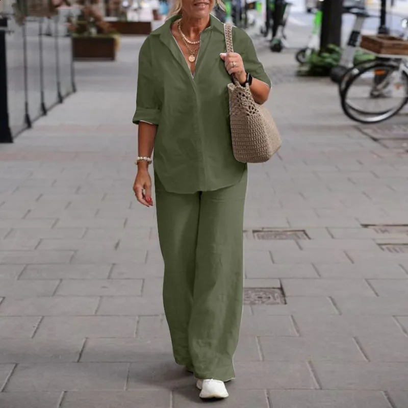 Womens Suit Plus Size Casual Linen Lapel Long-sleeved Shirt Suit Summer Solid Color Trousers Wide-leg Pants Two-piece Set 240730