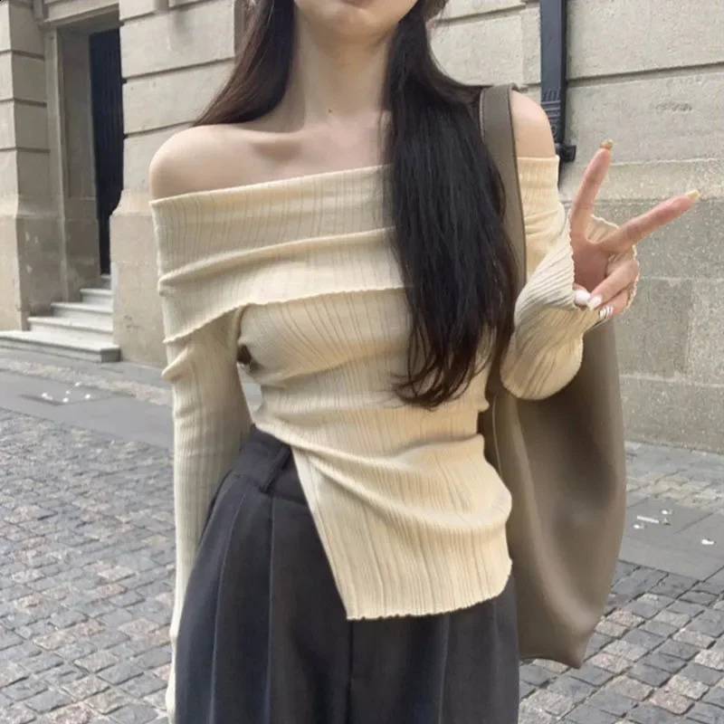 Womens Autumn Split Irregular Shoulder Black Long Sleeve Underwear Knitted Sweater 240812