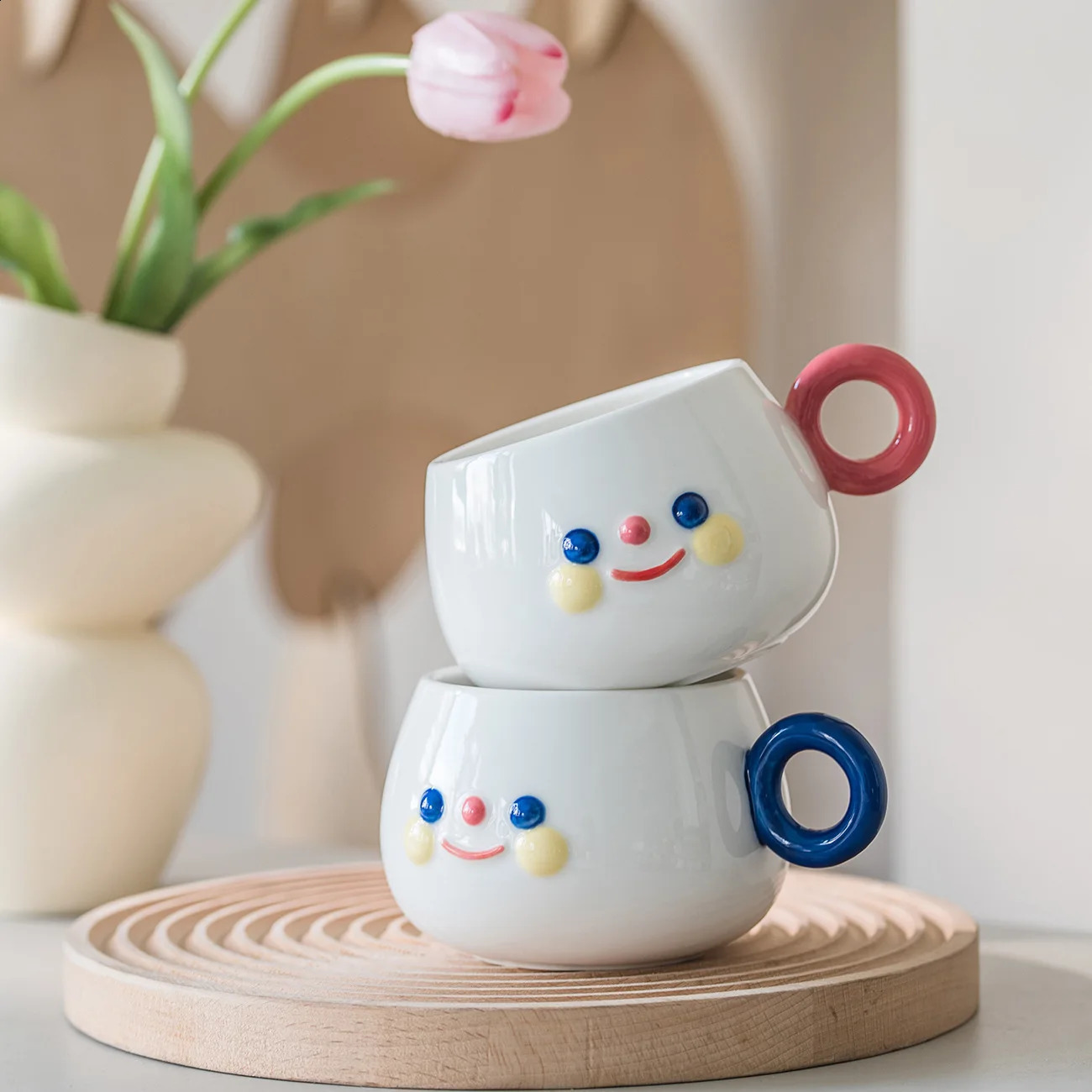 Creative Cute Smiling Face Round Mug With Handle Home Simple Ceramic Water Cup Coffee Milk Cup Couple Girlfriend Cup Small Gift 240730