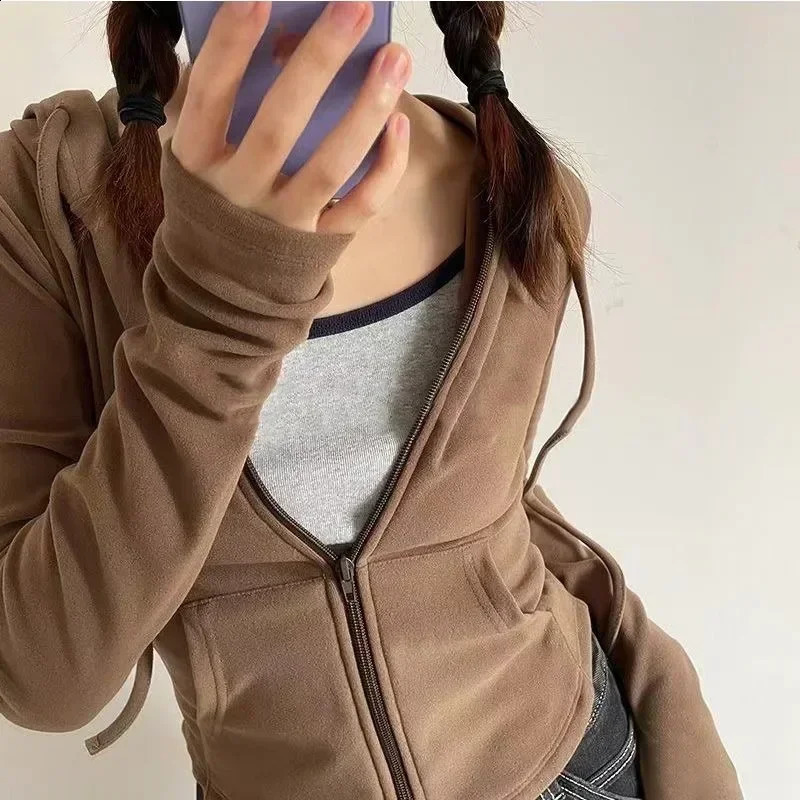 Deeptown Vintage Zip Up Cropped Hoodies Women Korean Style Streetwear Hooded Sweatshirts Kpop Solid Color Y2k Long Sleeve Tops 240816