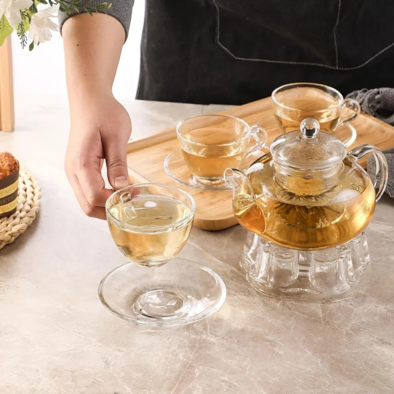 Glass Teapot Set 40OZ/1200ml Stovetop Safe Glass Tea Kettle with Removable Infuser Tea Warmer Tea Cups and Saucers Set of 4 240731