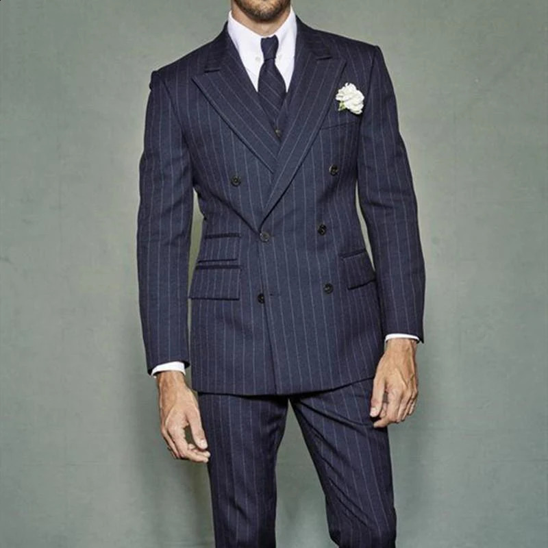 Mens striped twopiece set double breasted wedding groom slim tailed custom tailcoat mens stage 240730