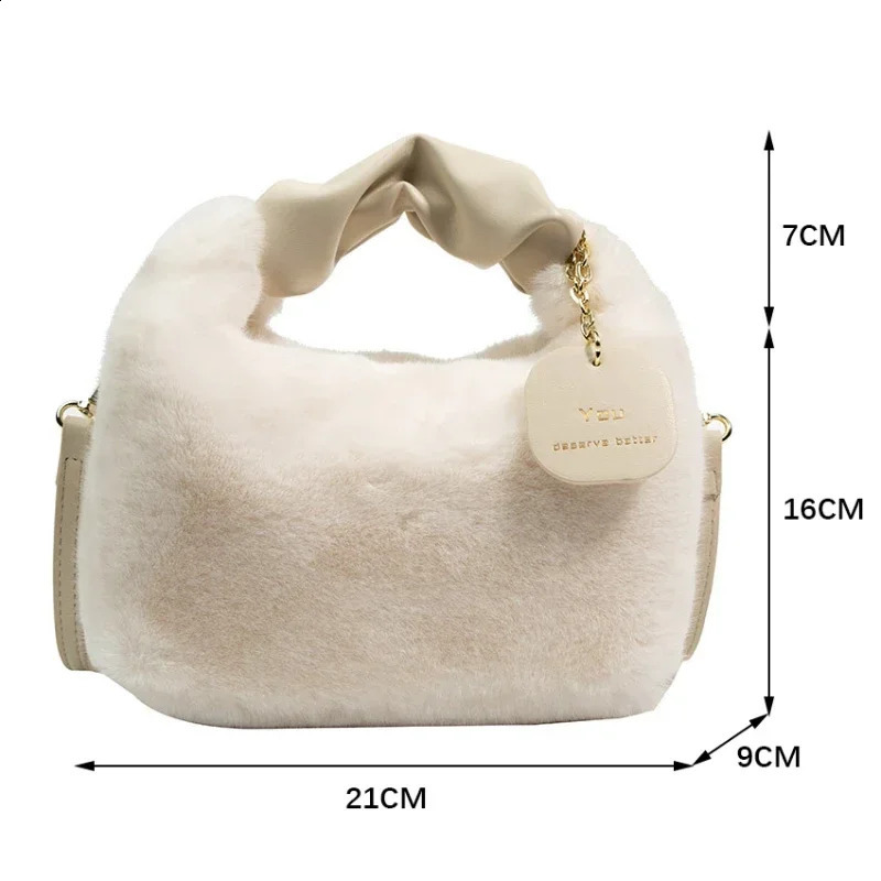 Womens artificial fur plush handbag Ruched handle small womens shoulder cross body bag casual half moon homeless winter 240731Zl