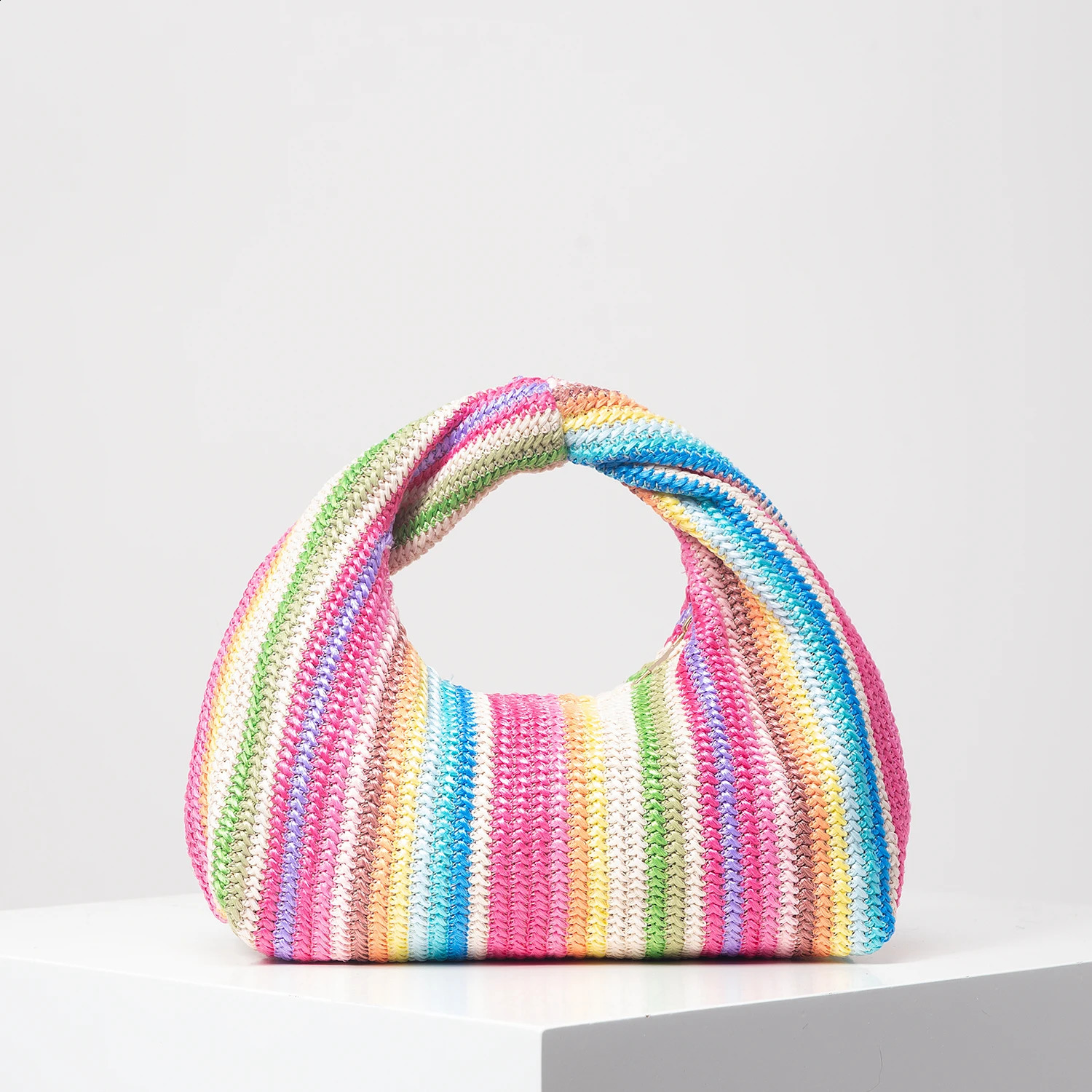 Vintage woven handbag simple bag beach wind rainbow bag holiday casual straw purse random pattern 240730
