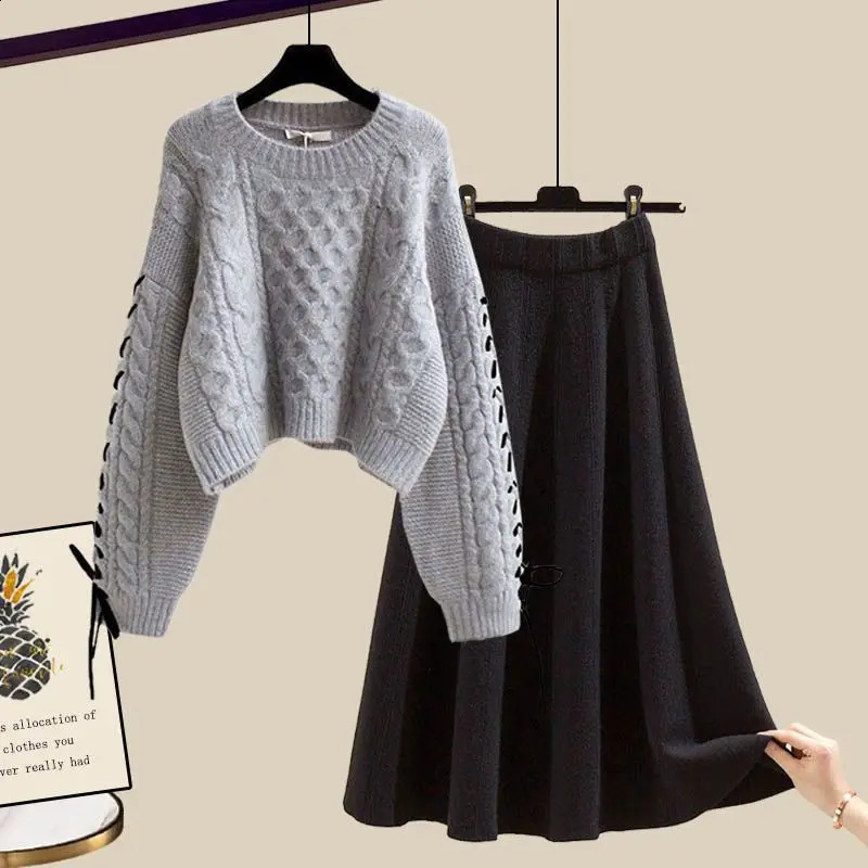 Autumn and Winter Set Womens Korean Edition Age Reducing Loose Sweater High Waist Mid Length Half Skirt Two Piece Set 240809