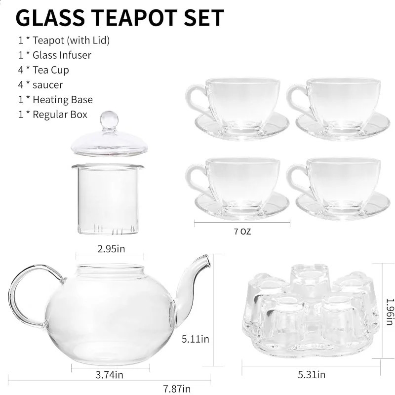 Glass Teapot Set 40OZ/1200ml Stovetop Safe Glass Tea Kettle with Removable Infuser Tea Warmer Tea Cups and Saucers Set of 4 240731