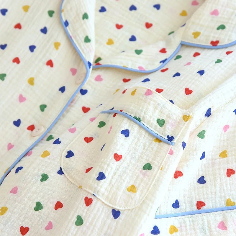 Japanese Spring/Summer Womens Pajama Set 100% Cotton Crepe Long Sleeve Colorful Hearts Thin Home Cute Pajamas Ladies 240731