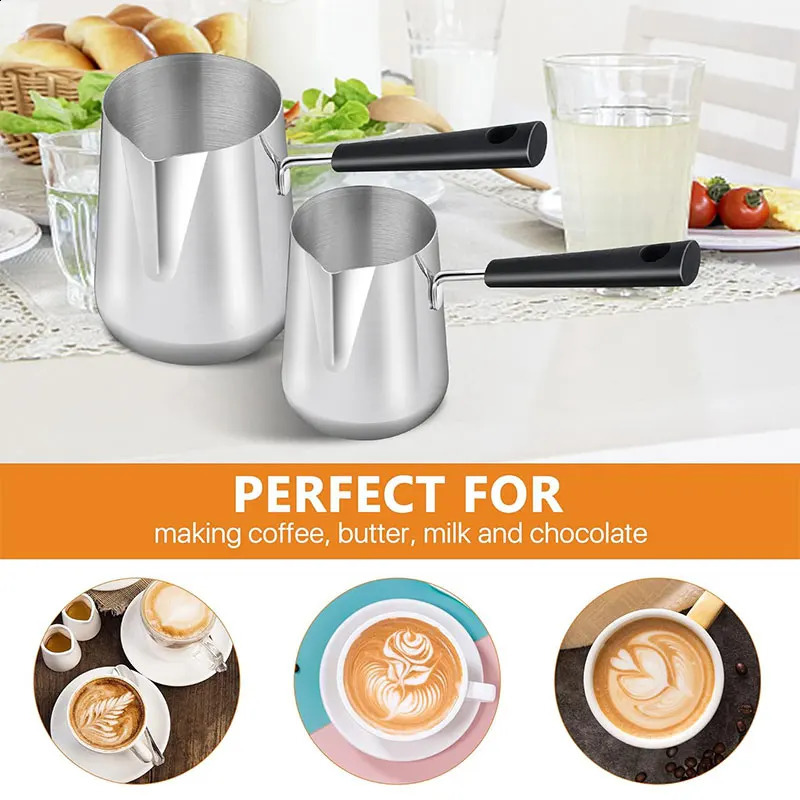 Long Handle Turkish Coffee Pot with Pouring Spout Stainless Steel Milk Butter Warmer Pot Stovetop Chocolate Melting Pan 240731