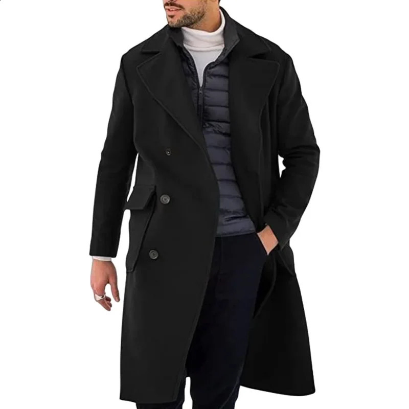 Mens Loose Cardigan Double Breasted Large Coat Autumn Winter Woolen Coat Mens Vintage Long Sleeve Lapel Pocket Woolen Coat 240812