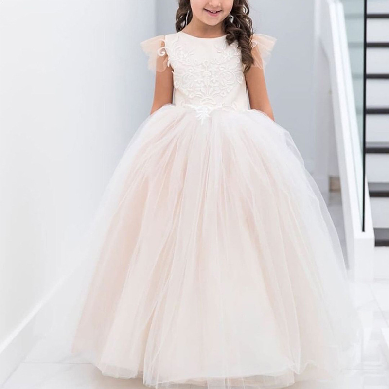 In Stock Lovely Lace Flower Girls Dresses Ball Gowns Kids First Communion Dress Princess Wedding Pageant Full Sleeves Dress 220311