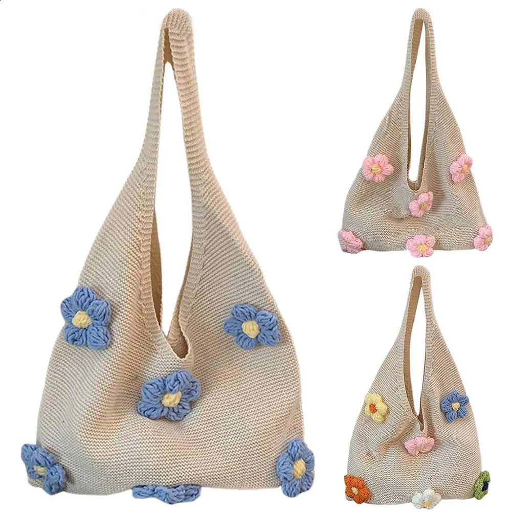 Large Capacity Shoulder Bag Crochet Knitted Flower Women Casual Tote Armpit for Beach Summer Shopping 241203