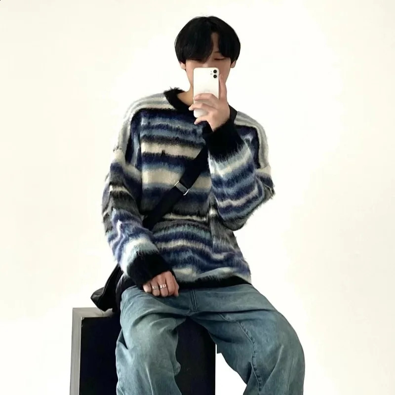 TINT ERA Striped Mens Knitted Sweater Men Top Harajuku Pullovers Sweaters and Jumpers Male Hip Hop Retro Japanese Streetwear 240821