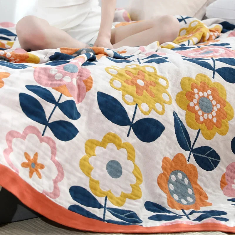 Japanese cotton blankets and throws gauze flowers sofa towel summer air conditioning blanket soft Leisure bedspread boho sheets 240731