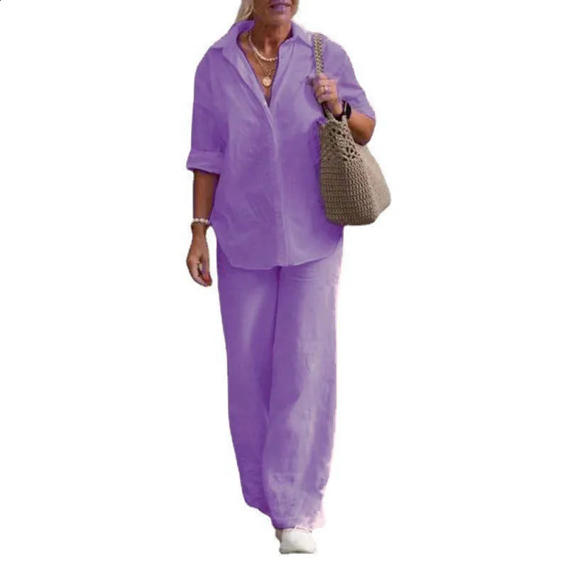 Womens Suit Plus Size Casual Linen Lapel Long-sleeved Shirt Suit Summer Solid Color Trousers Wide-leg Pants Two-piece Set 240730