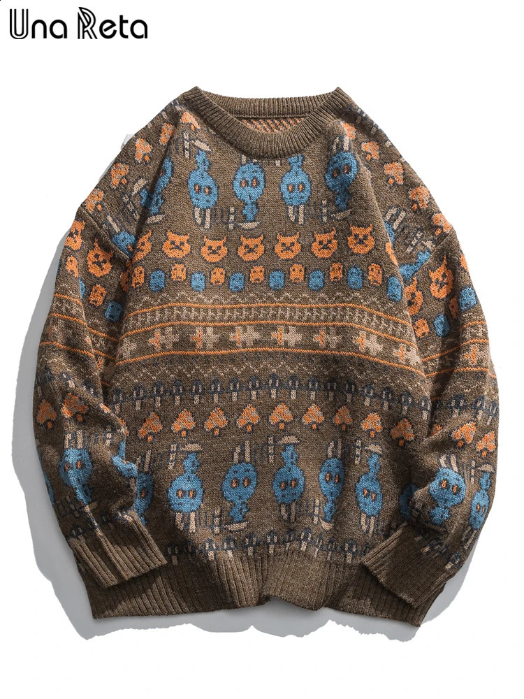 Una Reta Harajuku Print Mens Winter Sweater Streetwear Hip Hop Couples Knitted Pullover Long Sleeve Jacquard Soft Sweaters 240821