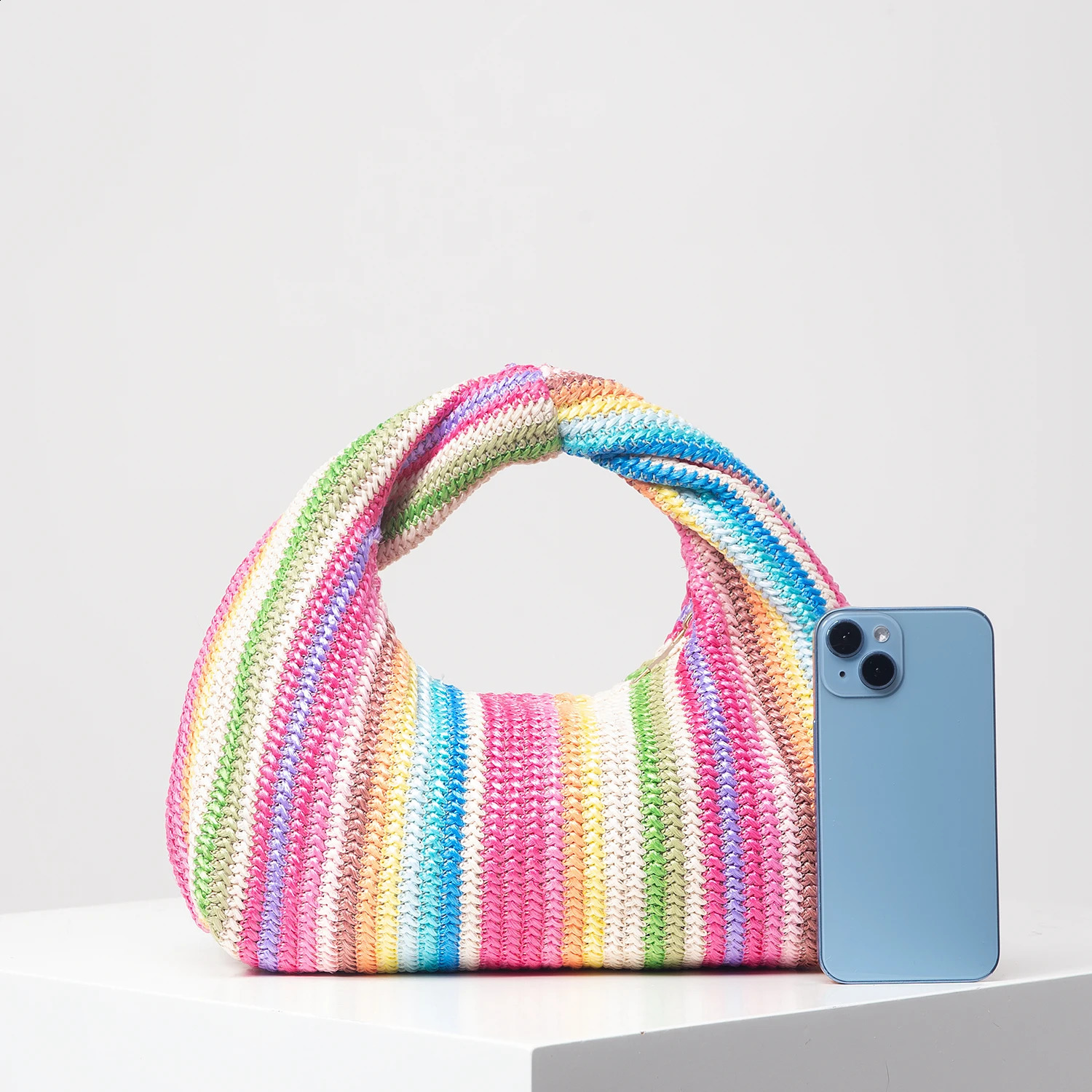 Vintage woven handbag simple bag beach wind rainbow bag holiday casual straw purse random pattern 240730