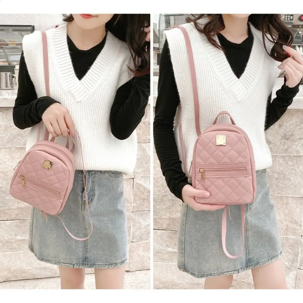 Mini Lingge Embroidered Small Backpack Fashion Solid Color Zipper Womens Shoulder Bag Large Capacity PU Leather Travel Rucksack 240829