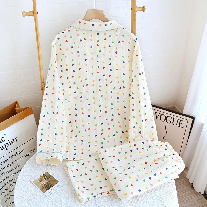 Japanese Spring/Summer Womens Pajama Set 100% Cotton Crepe Long Sleeve Colorful Hearts Thin Home Cute Pajamas Ladies 240731