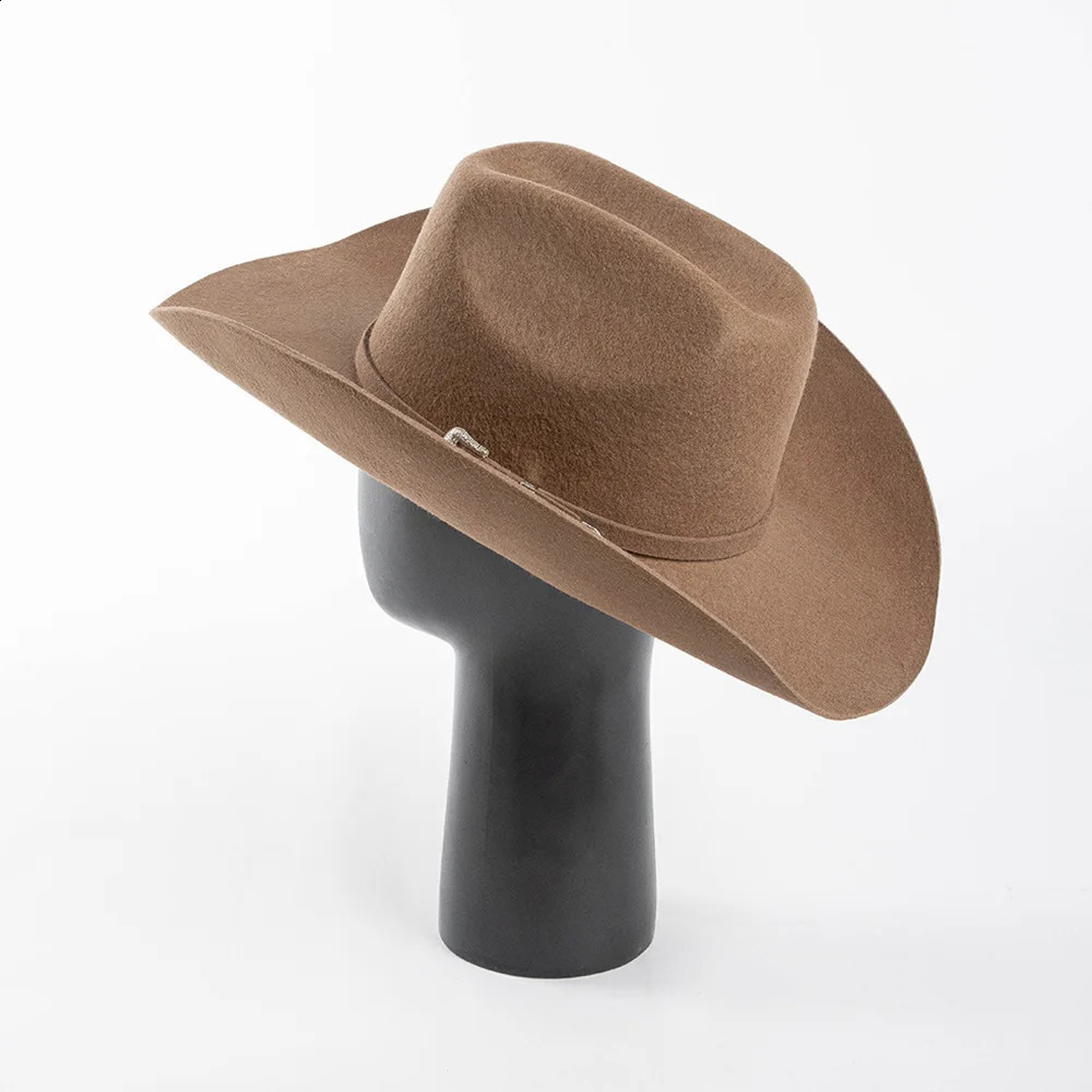 100% Wool Concave Shape Top Hat Fashion Belt Buckle Decorative Woolen Curling Wide Brim Fedora Hat Unisex Western Cowboy Hat 240718
