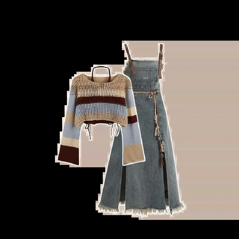 Autumn Vintage Denim Skirt Matching Set Womens Elegant Loose Hollow Knitted ShirtSexy Split Dress Two Piece Suit 240731