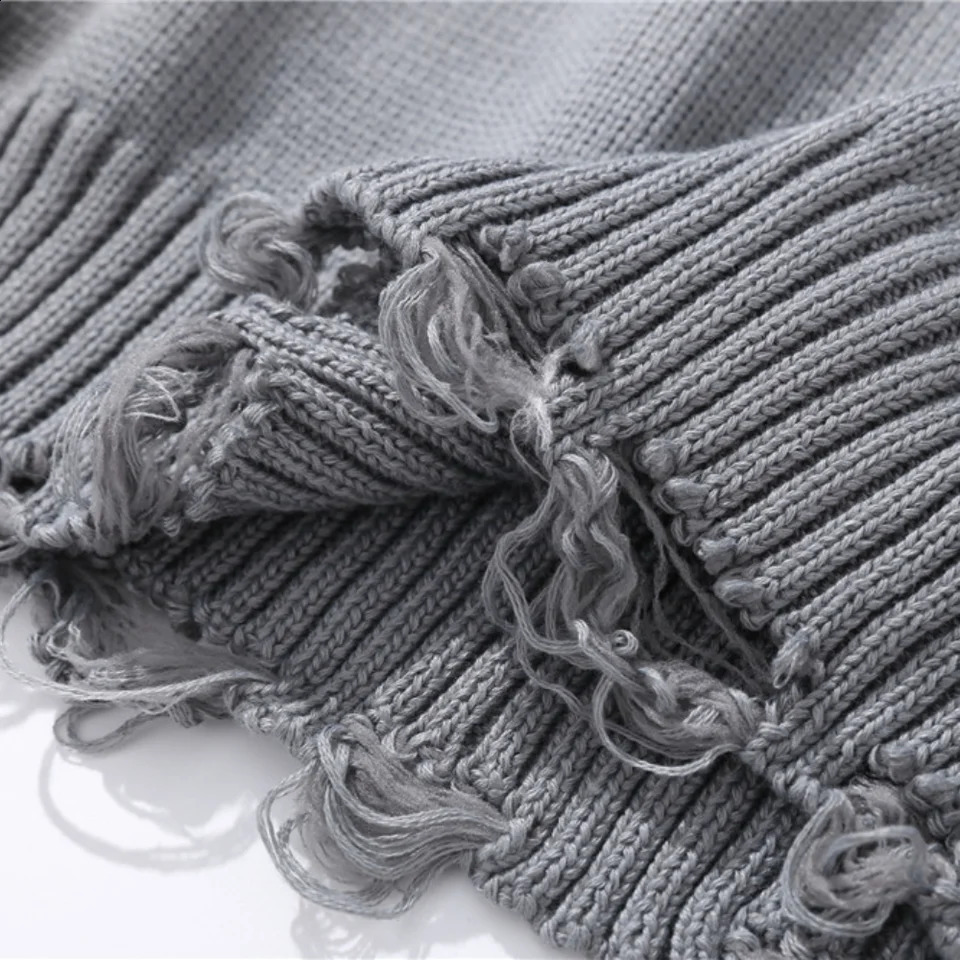 Arrival Graffiti Print Hole Ripped Gray Punk Men Knitted Sweater Hip Hop Knitwear Cotton Loose Retro Pullovers Sueter 240821