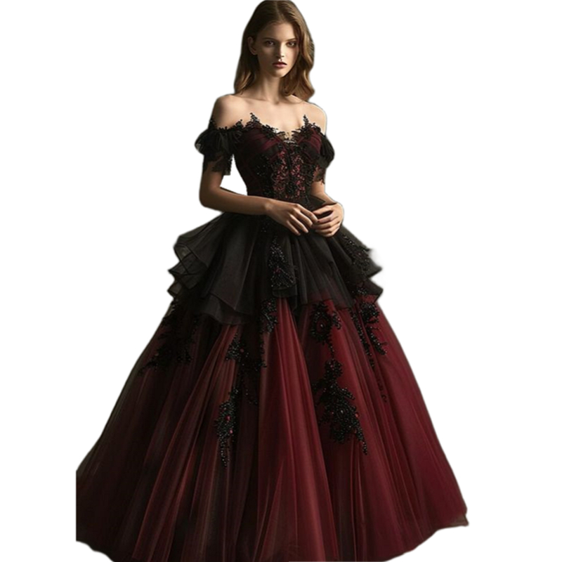 Burgundy And Black Gothic Wedding Dresses With Off Shoulder Short Sleeves Beaded Appliques Tiered A-Line Vintage Wedding Gown For Bride Women 2024